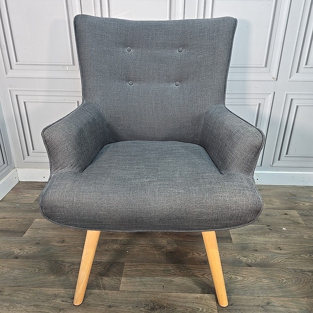 Retro Armchair & Footstool Mid Century Style – Grey Upholstery Wooden Legs Chair photo Furniture