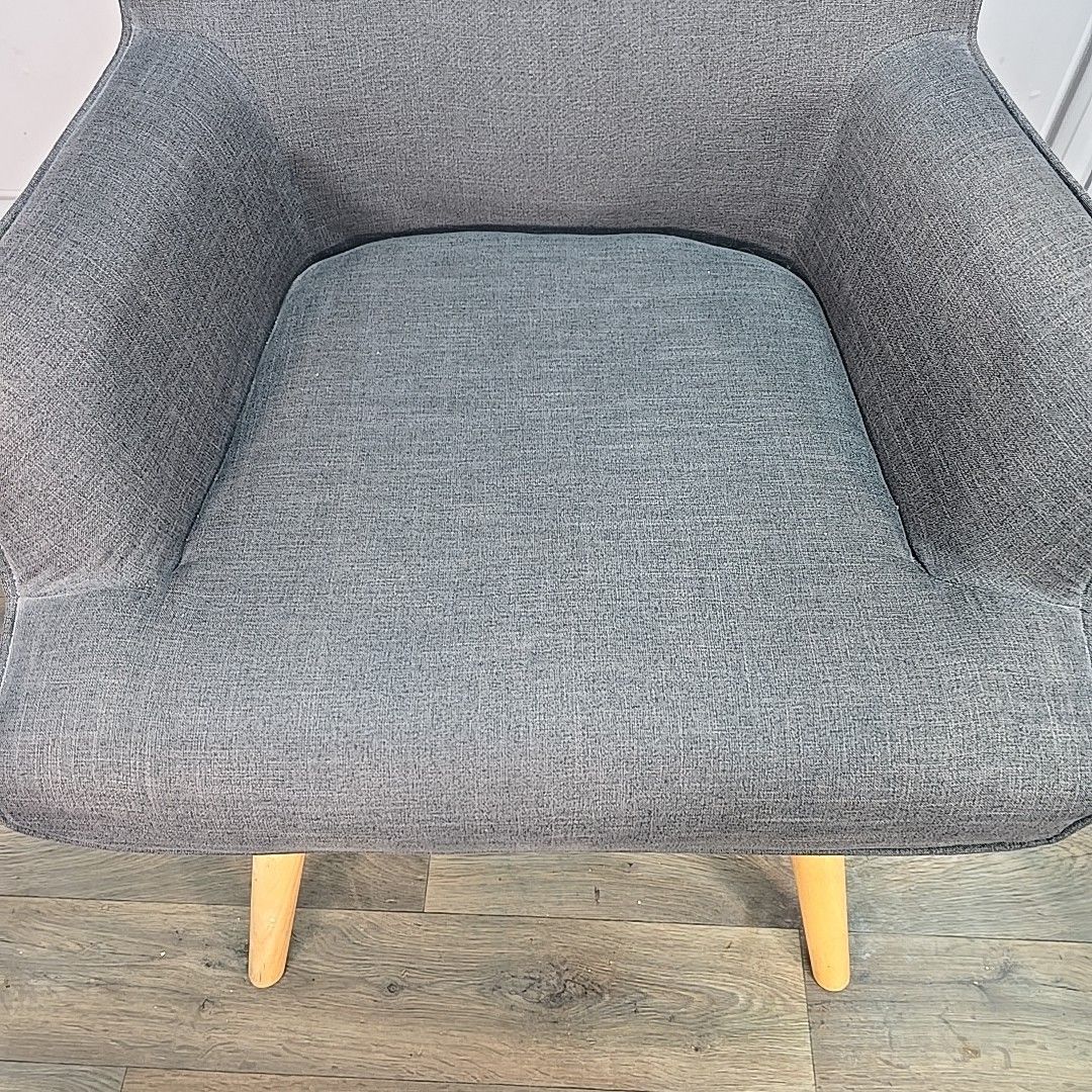 Retro Armchair & Footstool Mid Century Style – Grey Upholstery Wooden Legs Chair photo 240.0