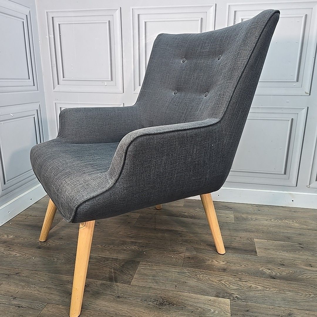 Furniture Retro Armchair & Footstool Mid Century Style – Grey Upholstery Wooden Legs Chair photo