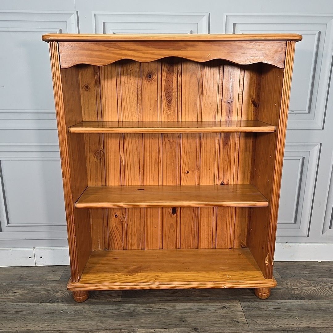 photo for sale Retro Low Wooden Bookcase 3 Shelf / Shelves Country Farmhouse Vintage Solid Pine