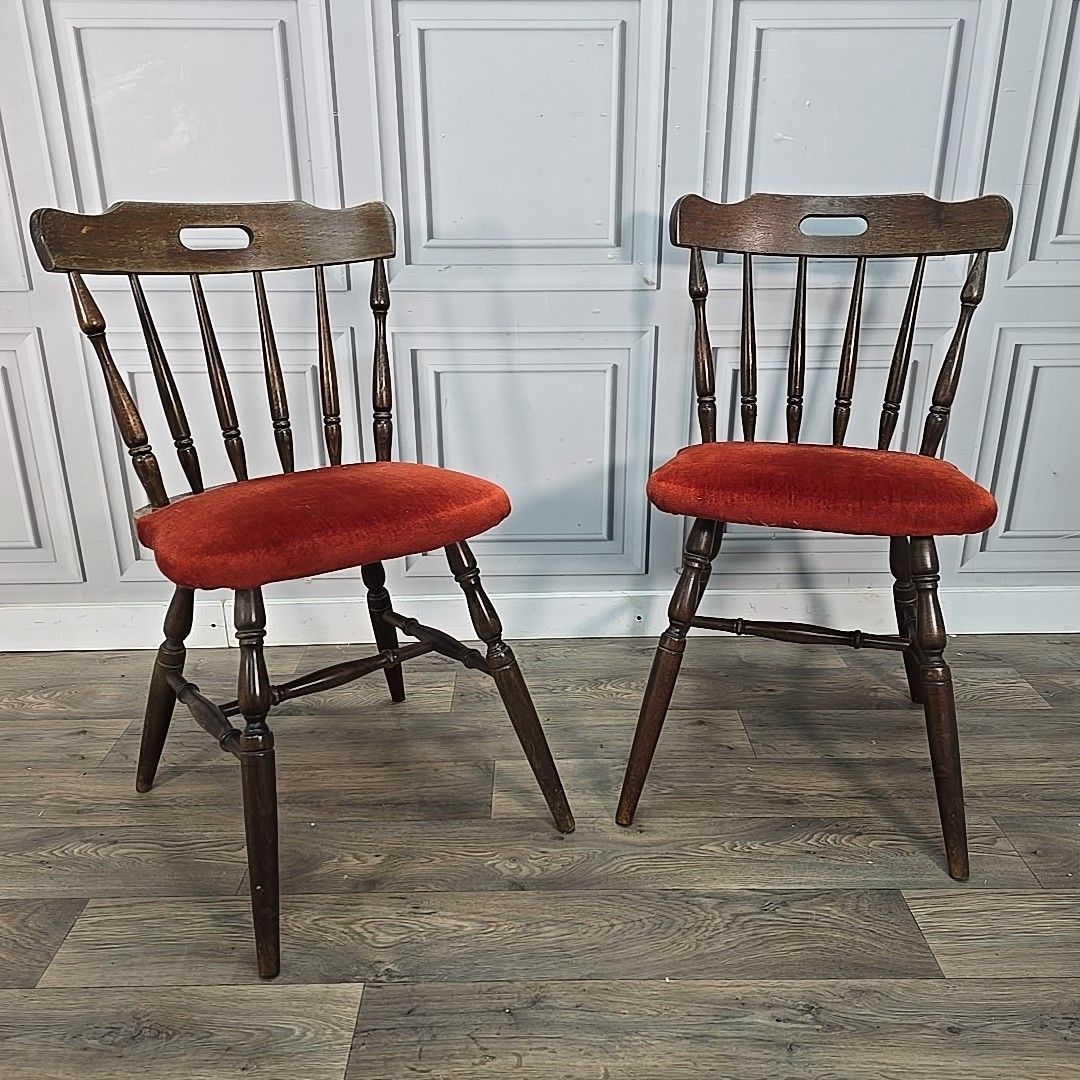 Vintage Pair Pub Chairs 2 Turned Wooden Upholstered Lounge Dining Seats Retro photo furniture
