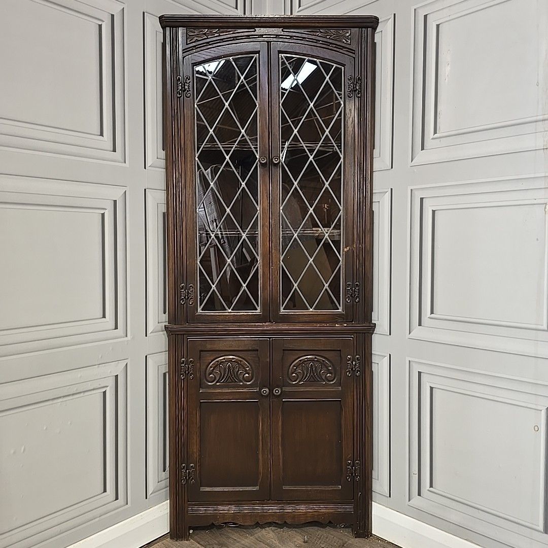 Vintage Old Charm Oak Corner Cabinet Leaded Glass Doors – Solid Wood Antique photo for sale