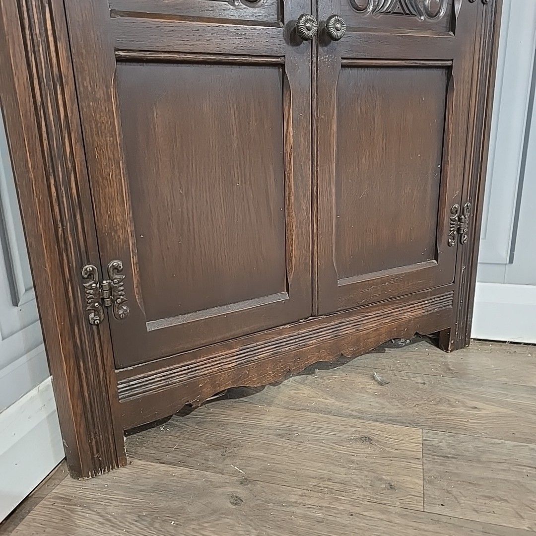 photo for sale Vintage Old Charm Oak Corner Cabinet Leaded Glass Doors – Solid Wood Antique