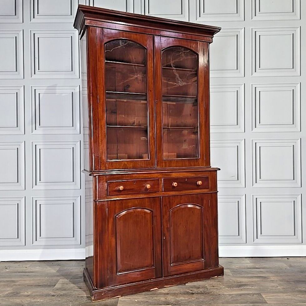Antique Victorian Library Bookcase Shelf Shelves Glazed Mahogany Glass Wooden