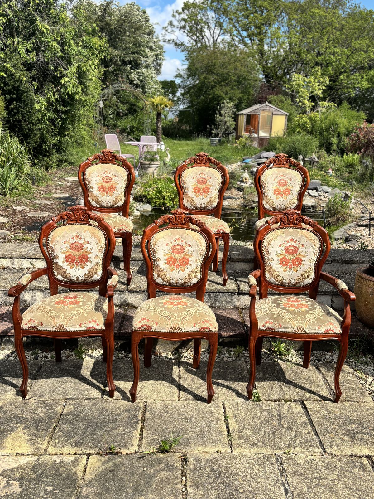 Set Of 6 Vintage Walnut French Louis XV Revival Dining Chairs Including 2 Carvers