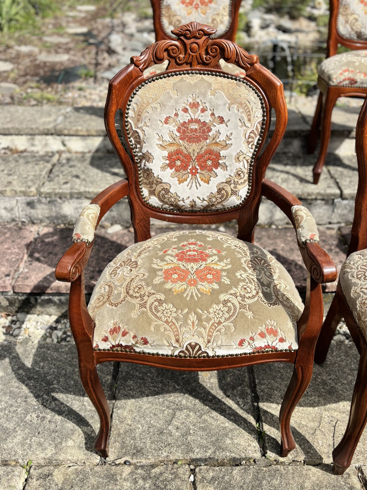 Set Of 6 Vintage Walnut French Louis XV Revival Dining Chairs Including 2 Carvers photo furniture