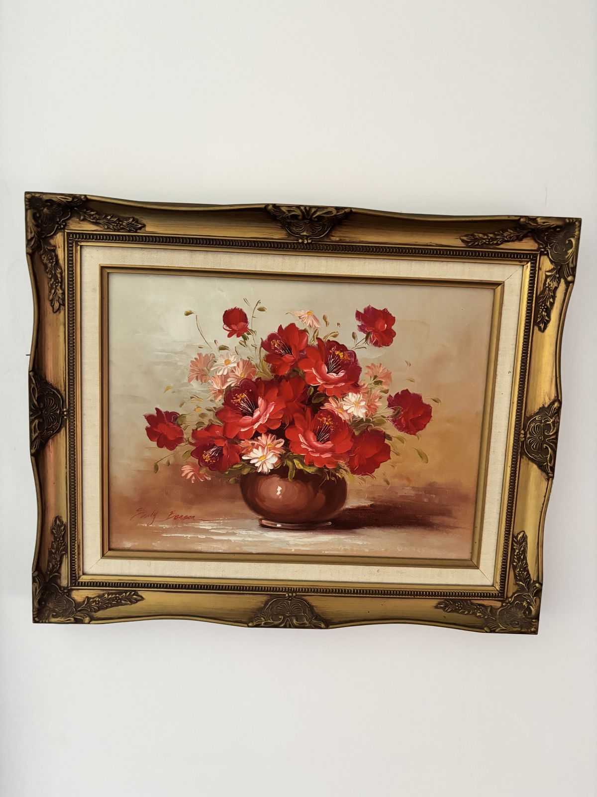 Vintage Signed Floral Oil Painting By Sally Benson In Ornate Gold Frame