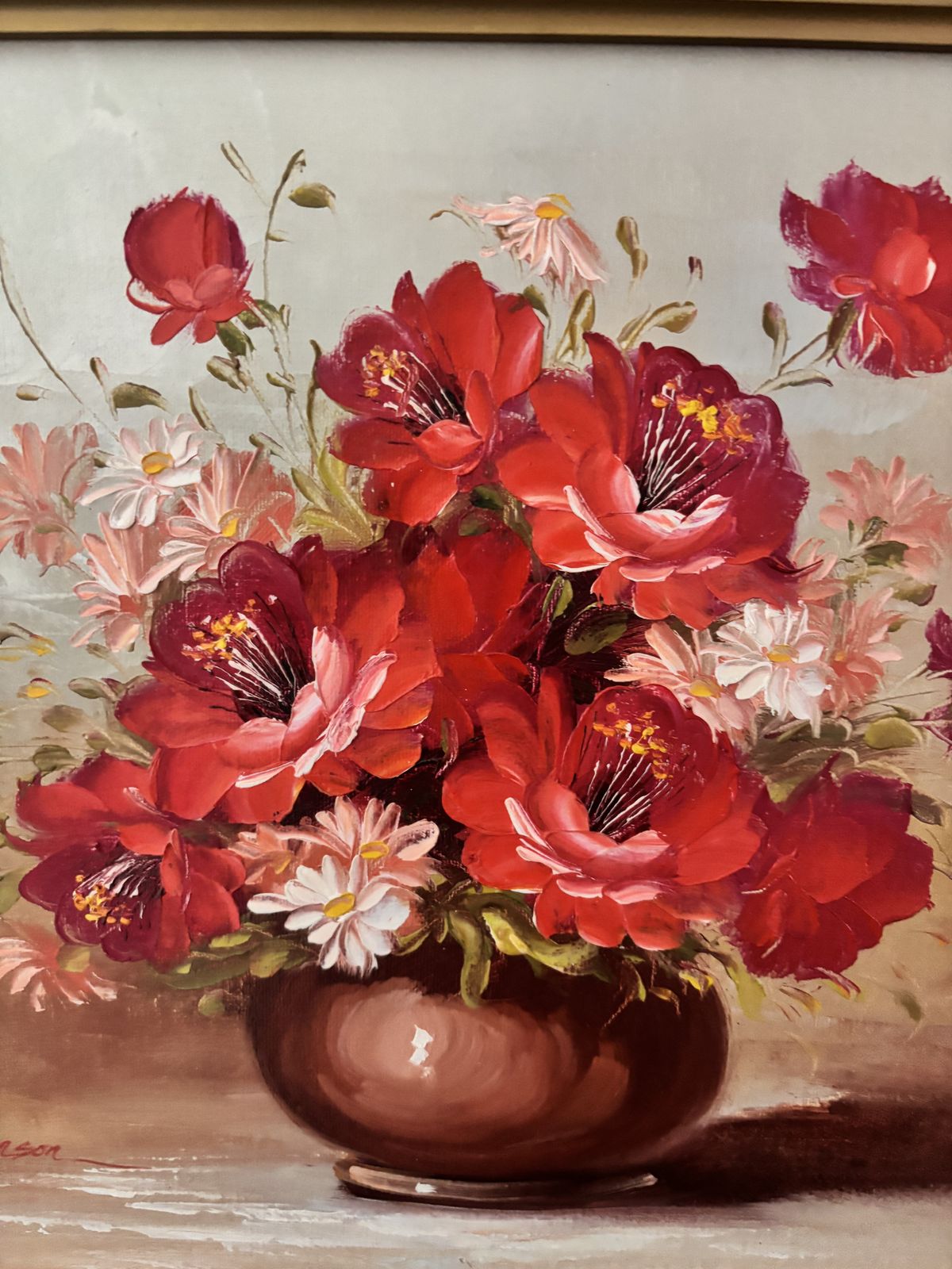 Vintage Signed Floral Oil Painting By Sally Benson In Ornate Gold Frame photo Art
