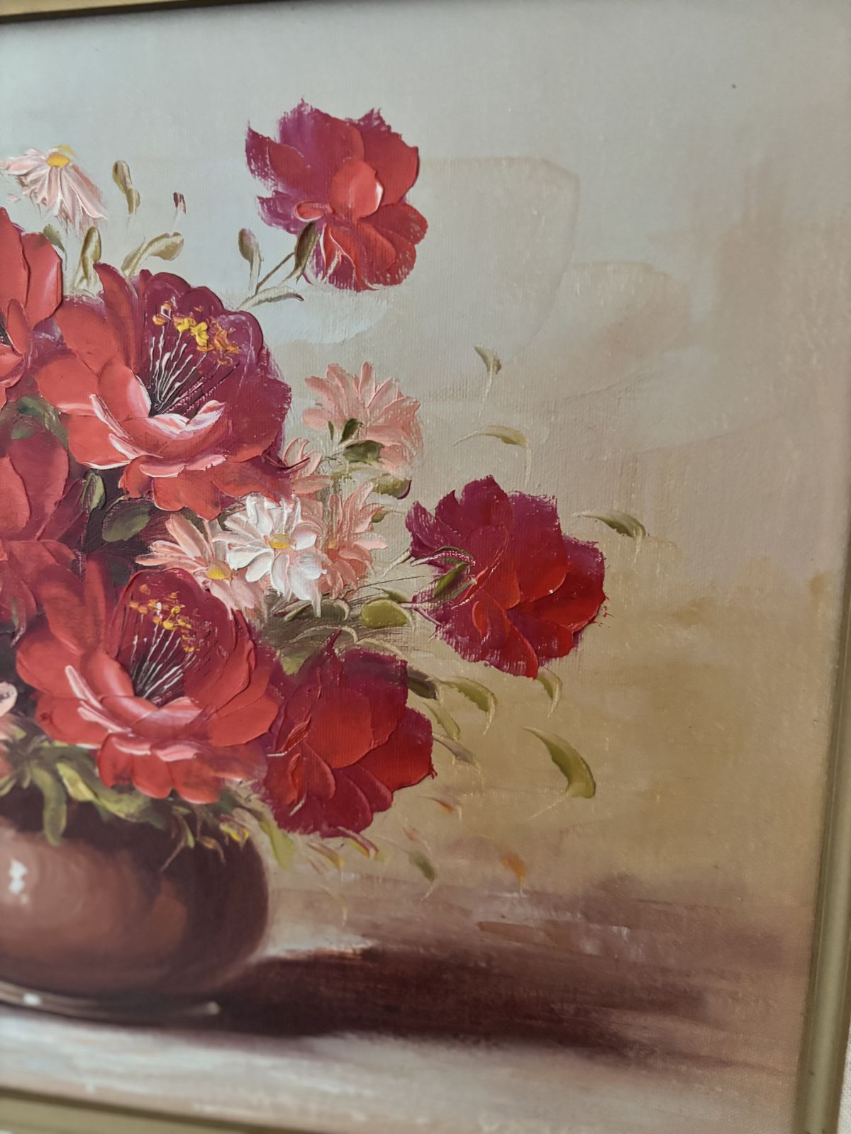 Vintage Signed Floral Oil Painting By Sally Benson In Ornate Gold Frame photo vinterior