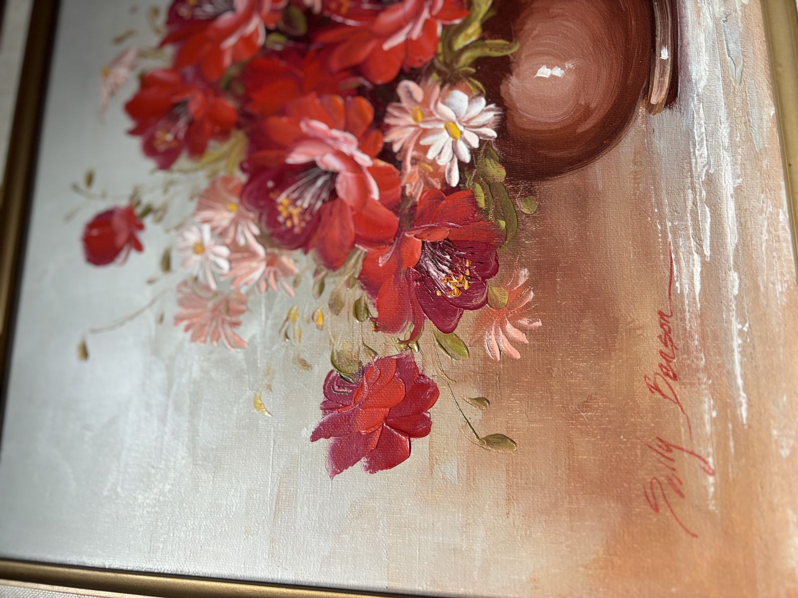 Vintage Signed Floral Oil Painting By Sally Benson In Ornate Gold Frame photo buy