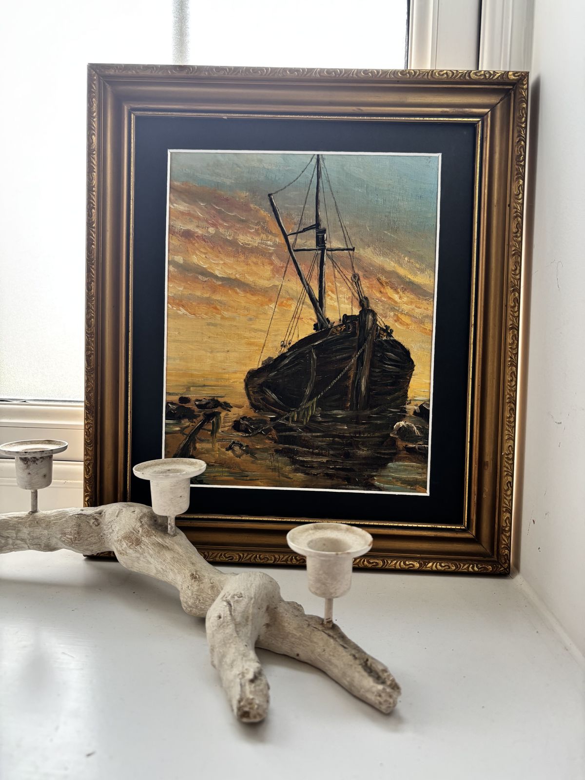 Vintage Nautical Oil Painting Of Fishing Boat At Sunset In Ornate Gold Frame