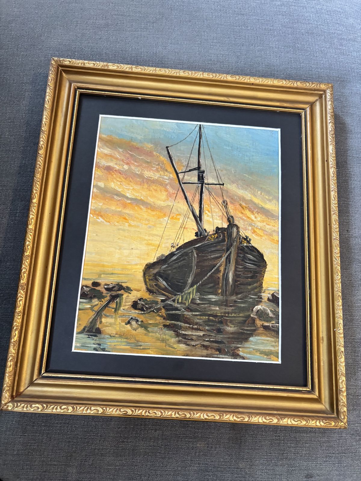 Vintage Nautical Oil Painting Of Fishing Boat At Sunset In Ornate Gold Frame photo furniture