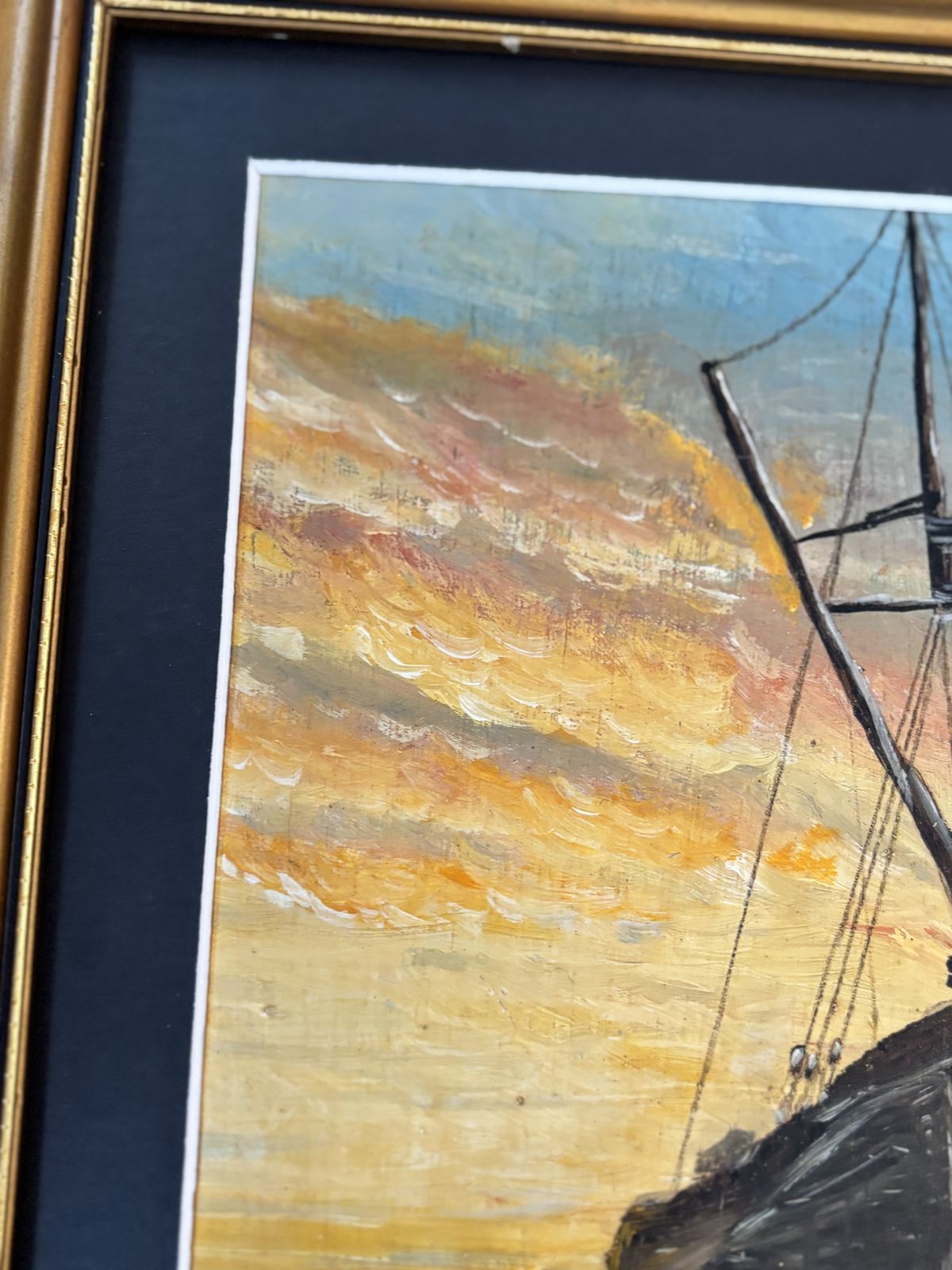 Vintage Nautical Oil Painting Of Fishing Boat At Sunset In Ornate Gold Frame photo Art