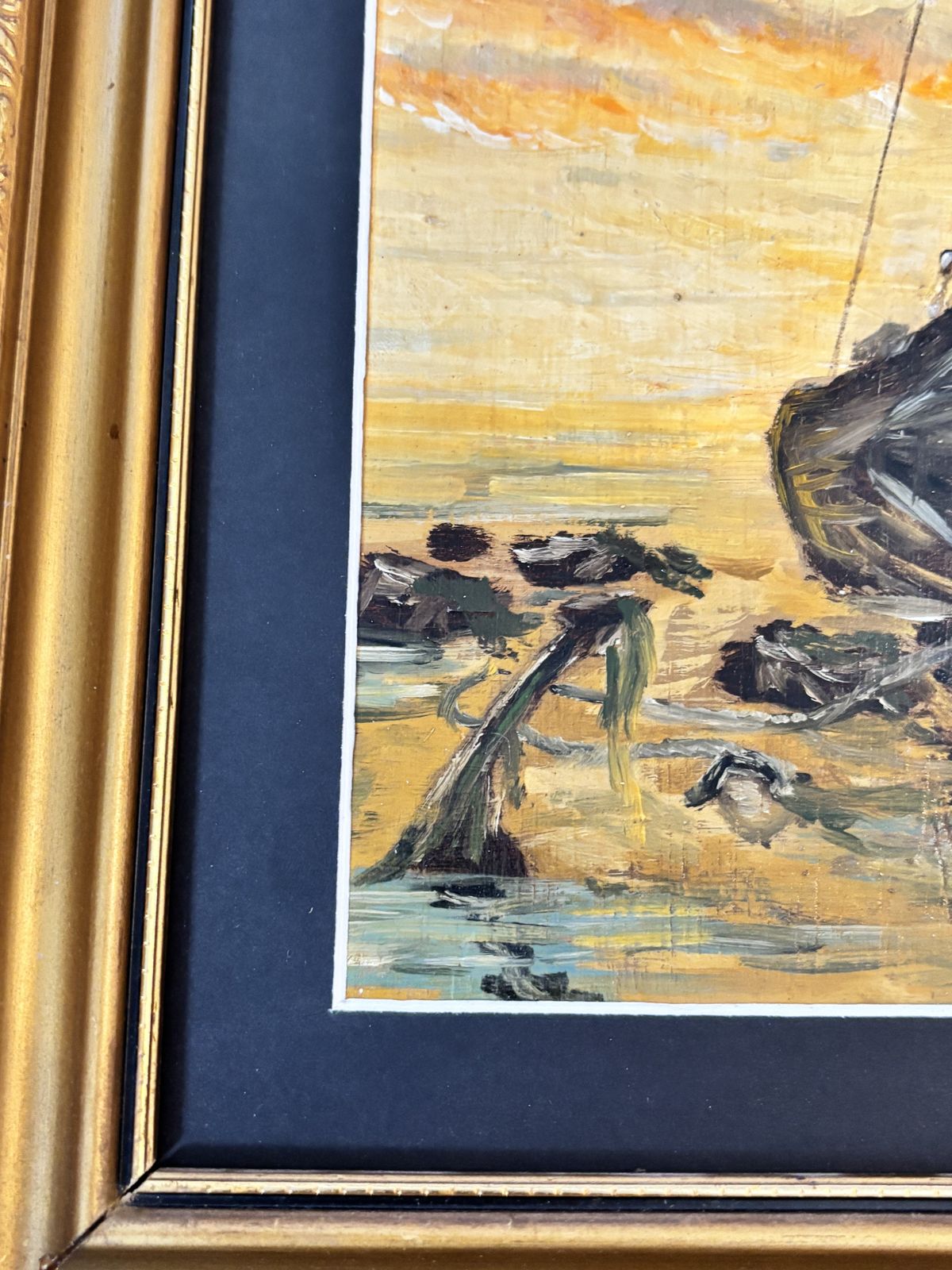 Vintage Nautical Oil Painting Of Fishing Boat At Sunset In Ornate Gold Frame photo buy