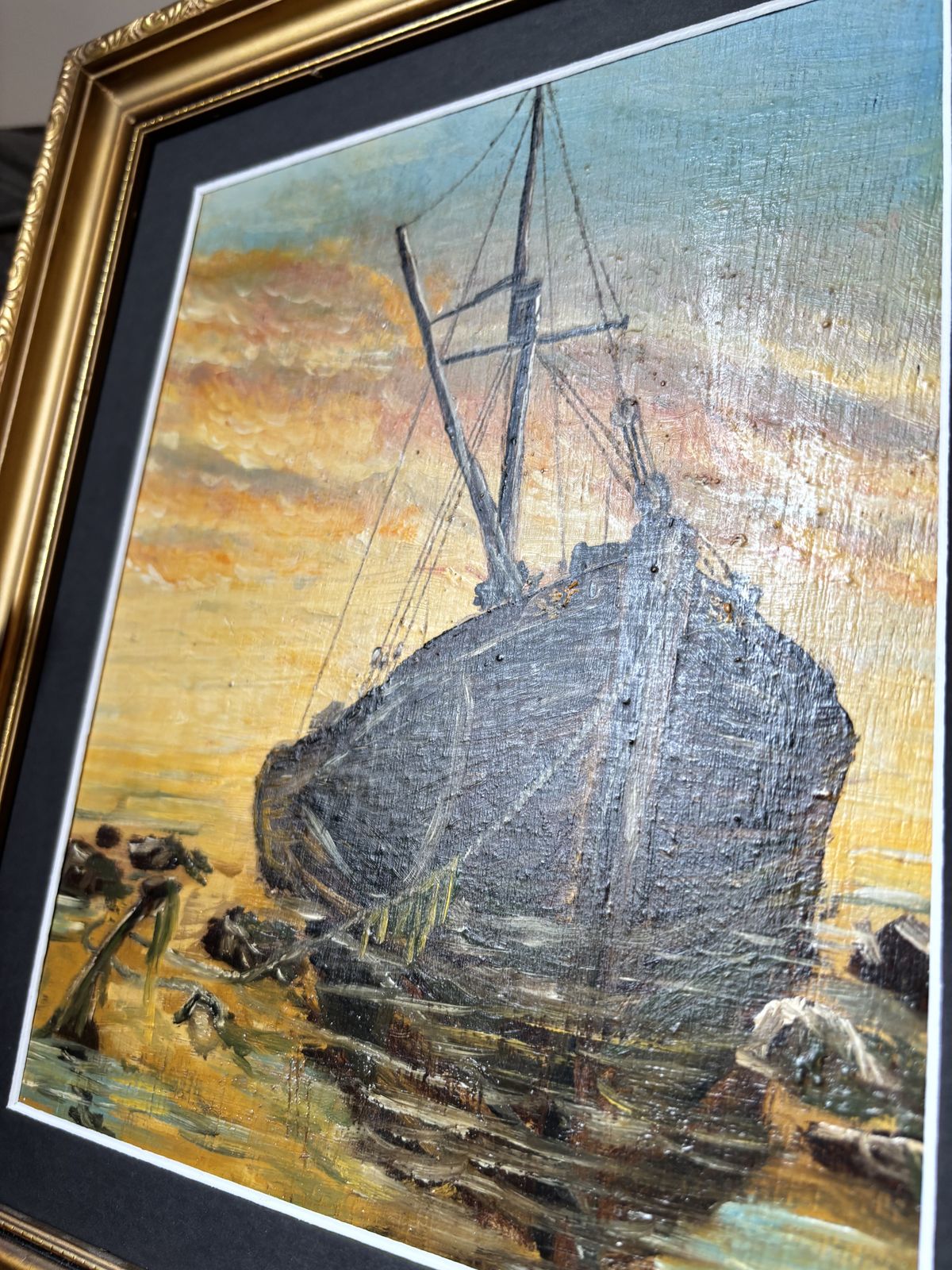 photo buy Vintage Nautical Oil Painting Of Fishing Boat At Sunset In Ornate Gold Frame