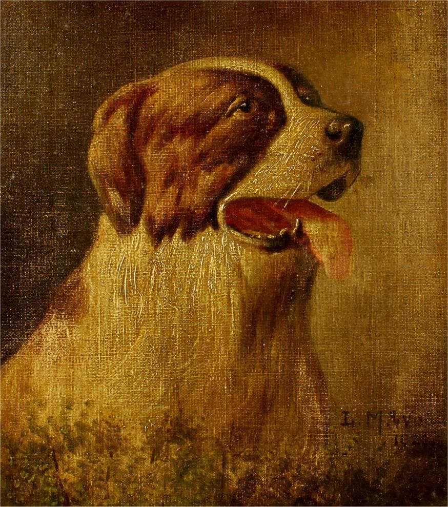 Antique St Bernard Oil Painting. Framed Lm Webb Signed Dog Portrait. 1929.