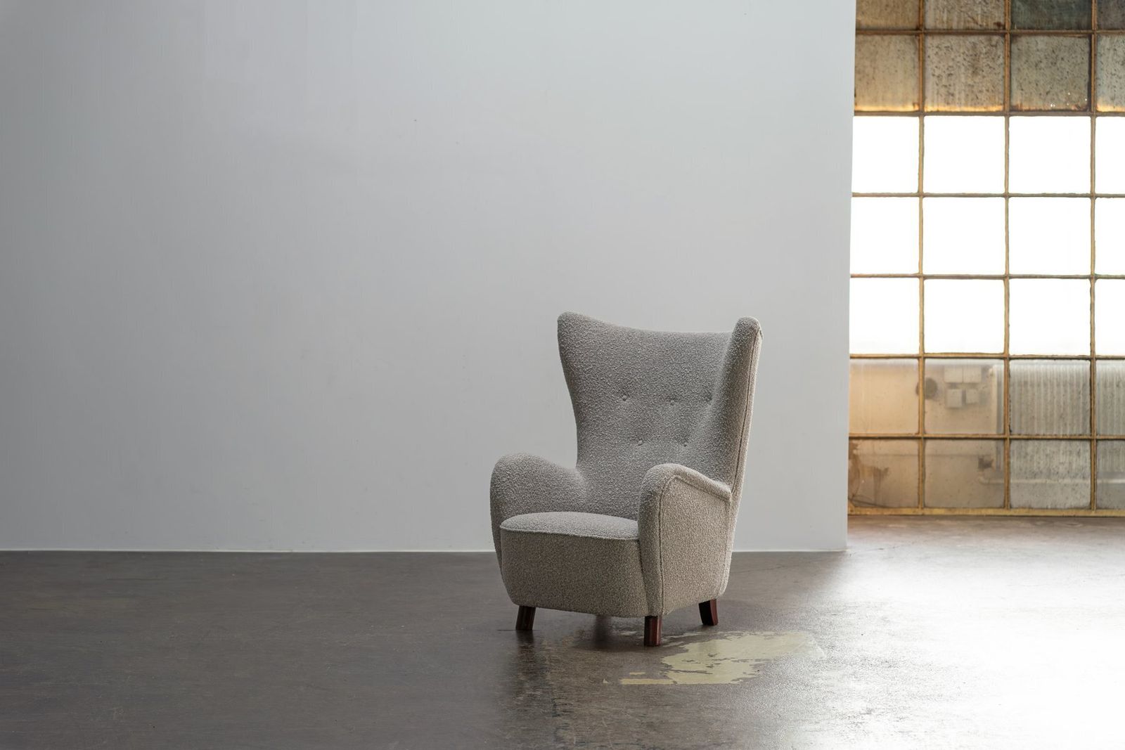 Vintage Wingback Chair In Bouclé Fabric From Mogens Lassen, Denmark, 1950s photo for sale