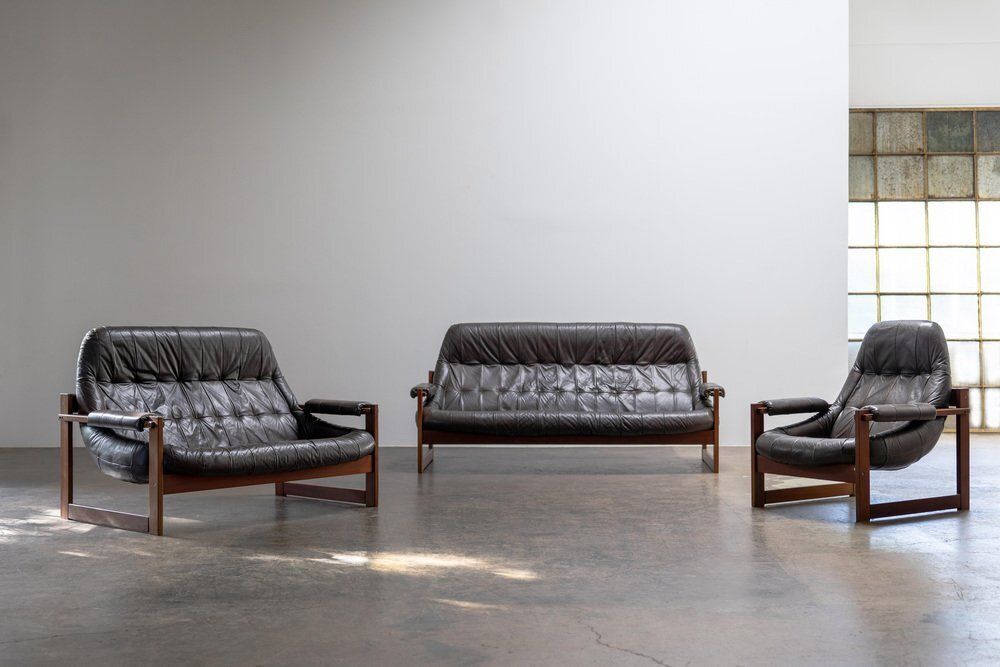 Brazilian Modern Leather Sofas And Lounge Chair By Percival Lafer, 1970s, Set Of 3 photo furniture