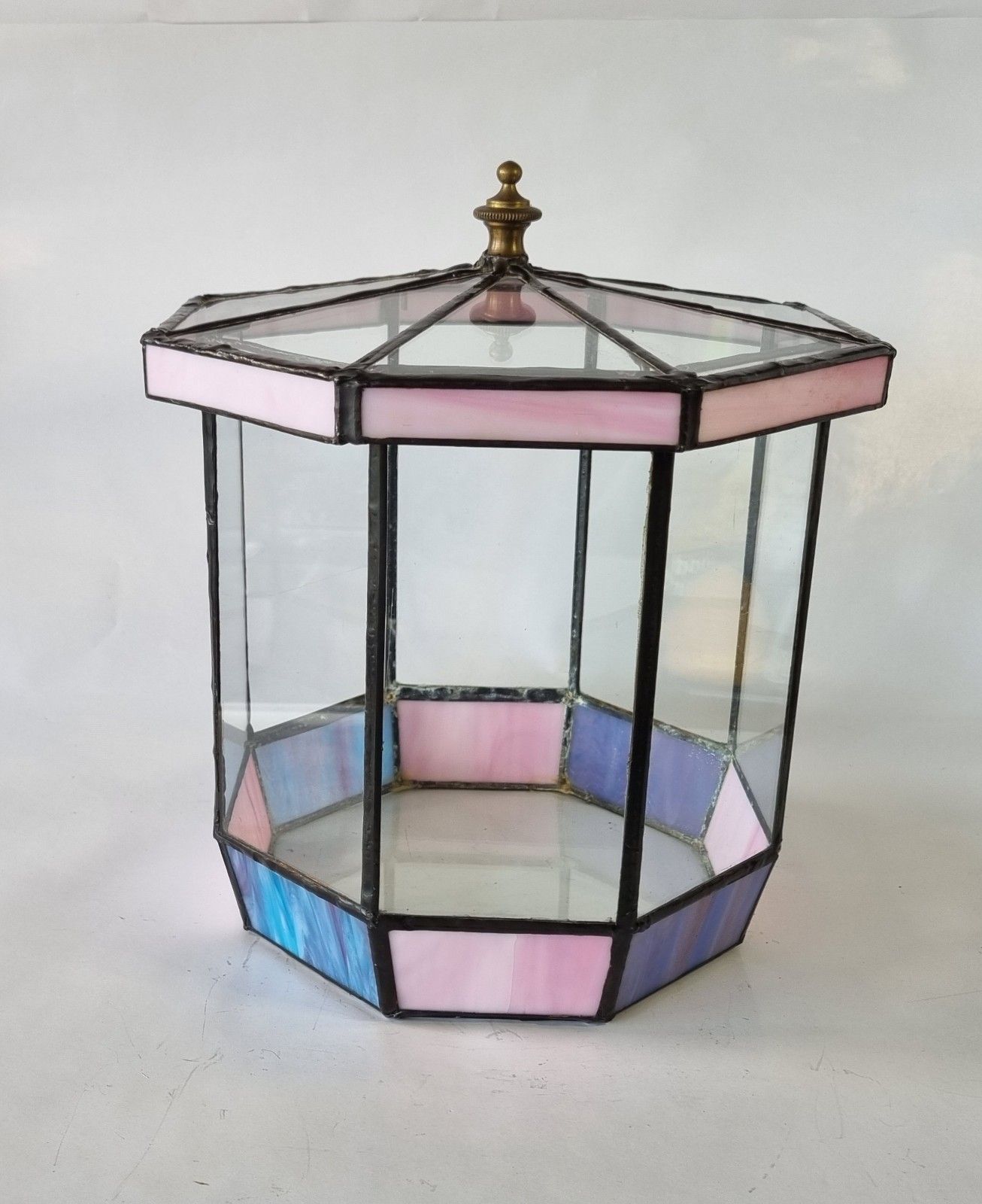 Vintage Stained Glass Terrarium Display Case Hexagonal Tiffany Style Pink