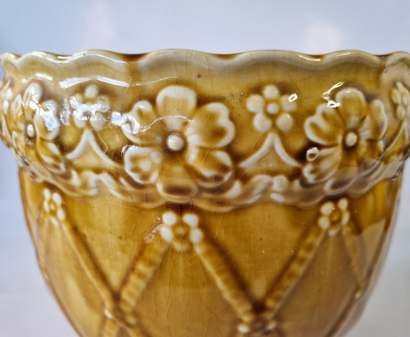 Antique C1919 Medium Mustard Yellow Majolica Jardiniere Ornate Floral Plant Pot photo buy