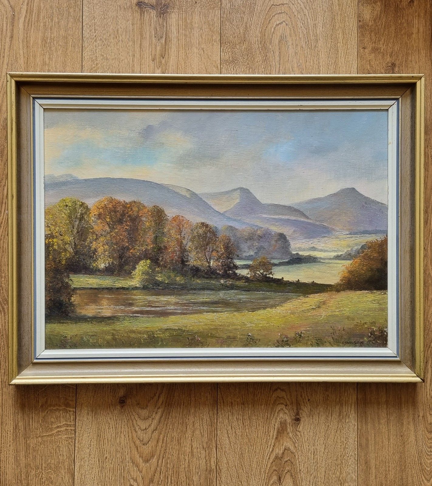 Vintage E J Wilson Oil Painting Wales Sugarloaf Hill River Fishing Landscape