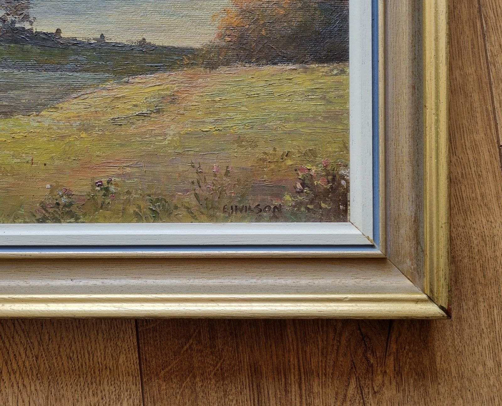 photo vinterior Vintage E J Wilson Oil Painting Wales Sugarloaf Hill River Fishing Landscape