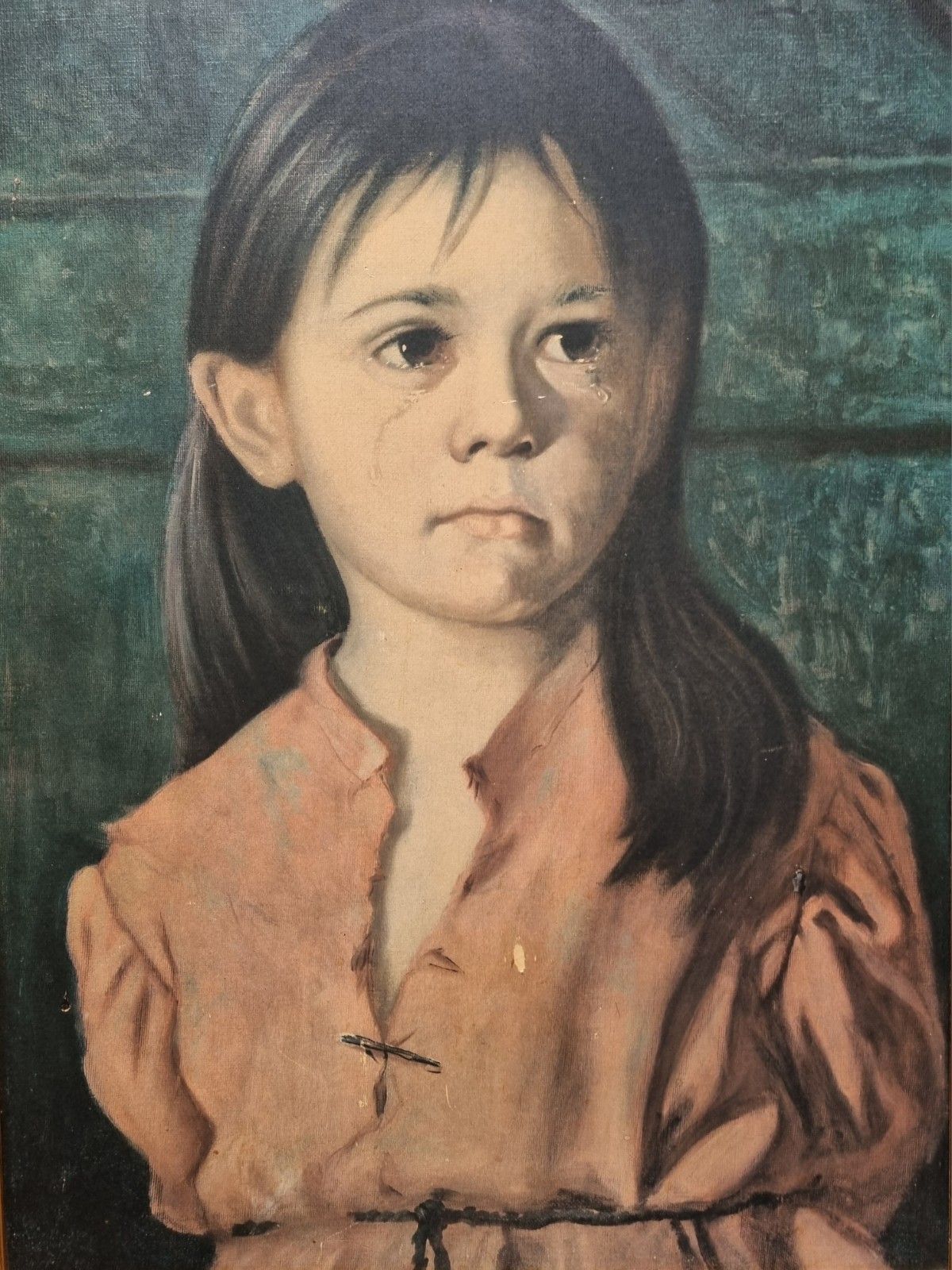 Large Mid Century Print On Board Giovanni Bragolin 'Bambina' Crying Girl 1960's photo furniture