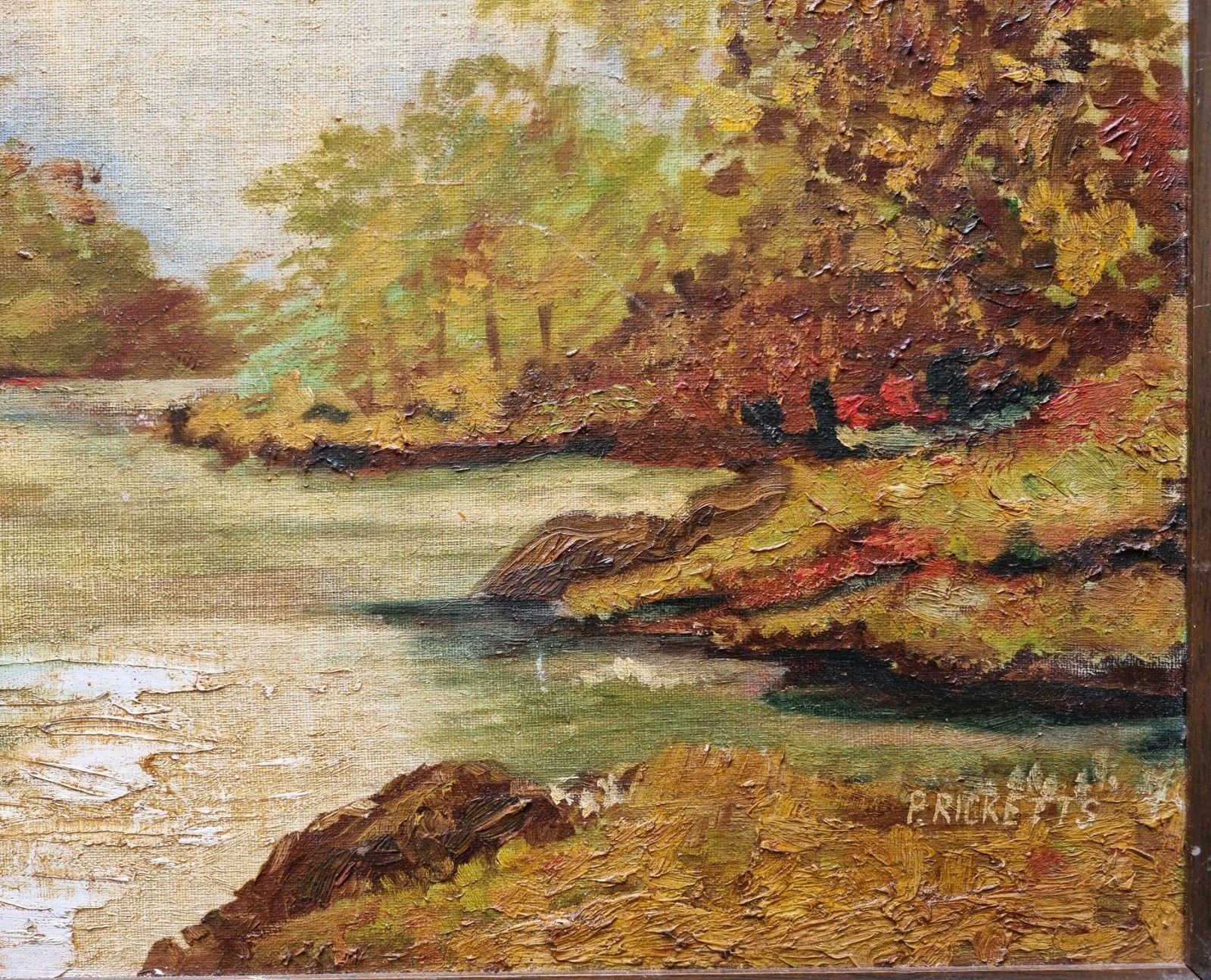 photo for sale Vintage Framed Impressionist Style Oil Painting Riverside Trees Landscape Signed