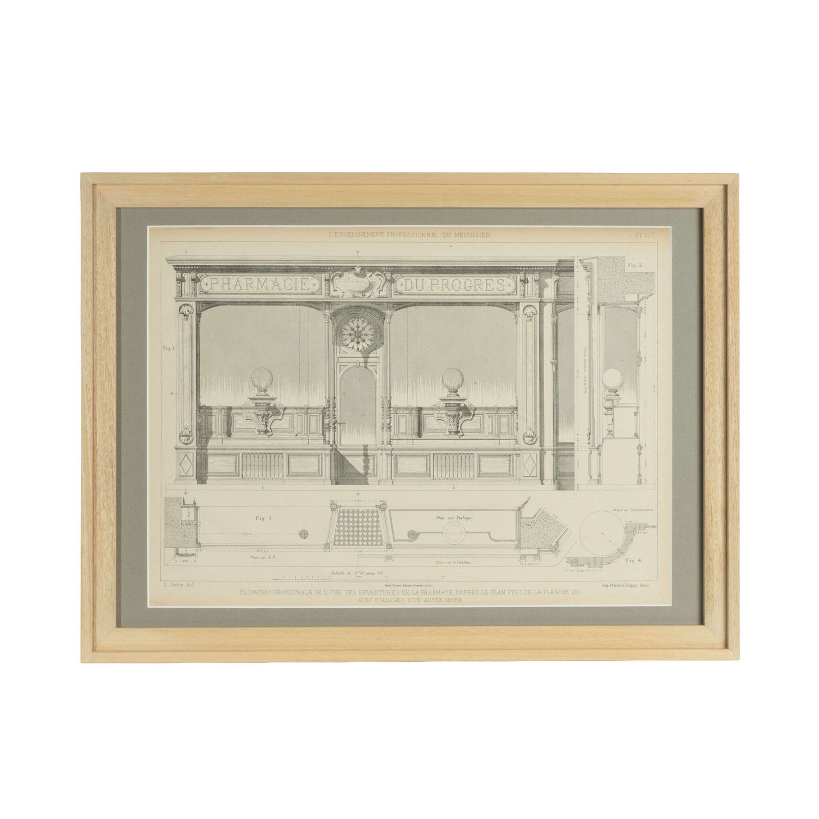 Framed French Architectural Lithograph: Pharmacie Drawing