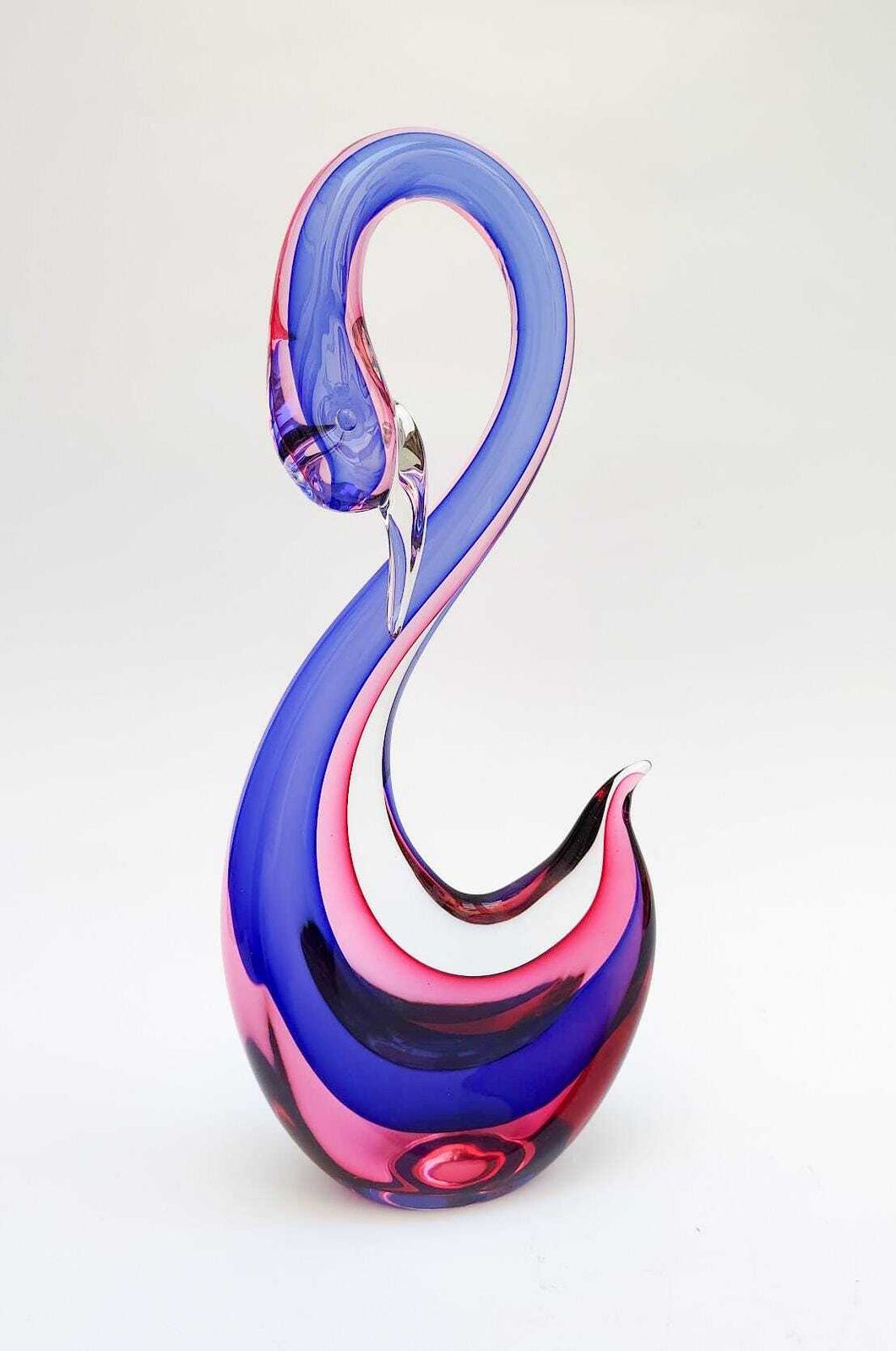 Swan Figurine In Vintage Murano Glass Designed By Seguso Flavio Poli, Blue And Pink Sculpture