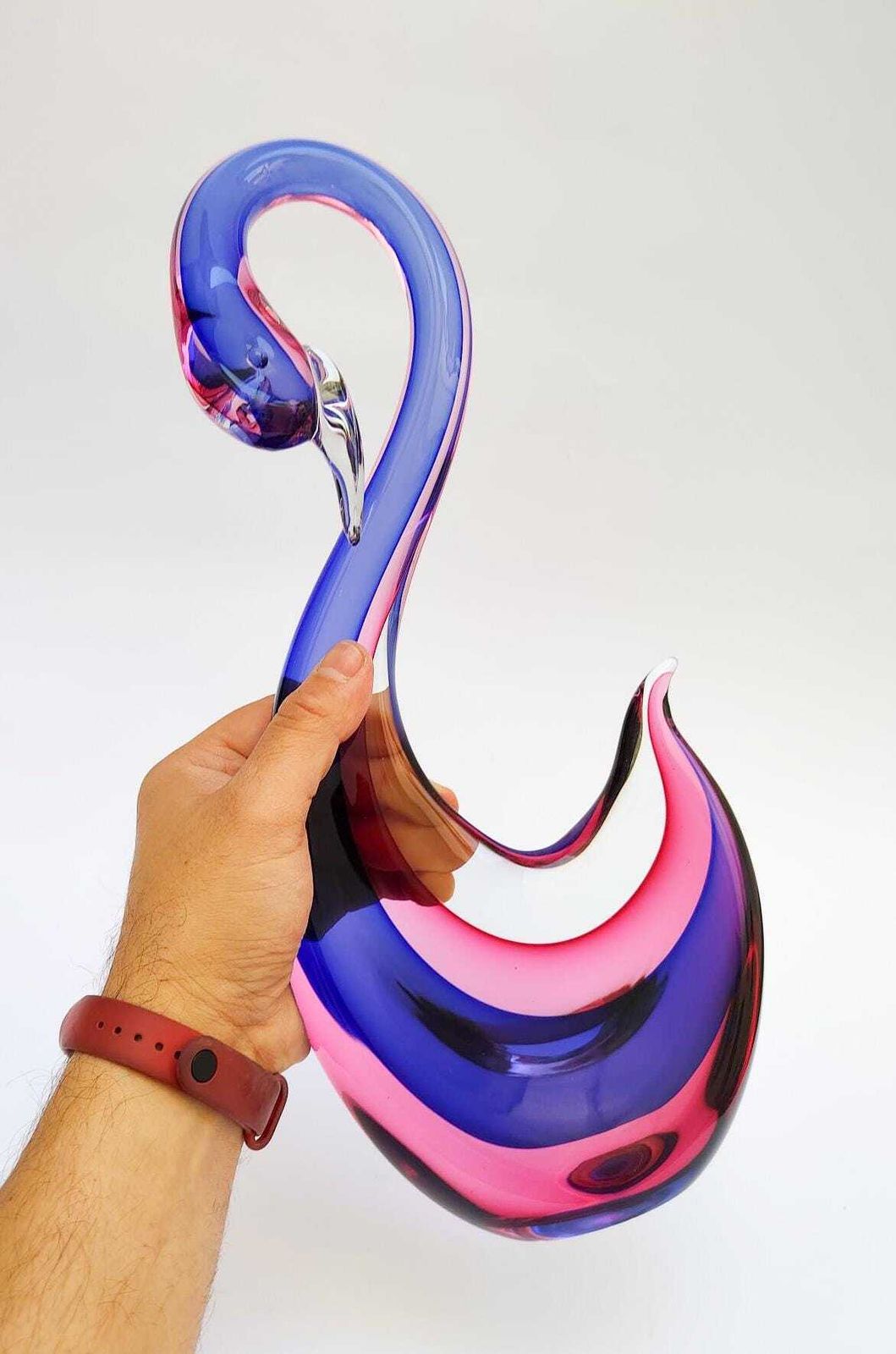 Swan Figurine In Vintage Murano Glass Designed By Seguso Flavio Poli, Blue And Pink Sculpture photo vinterior