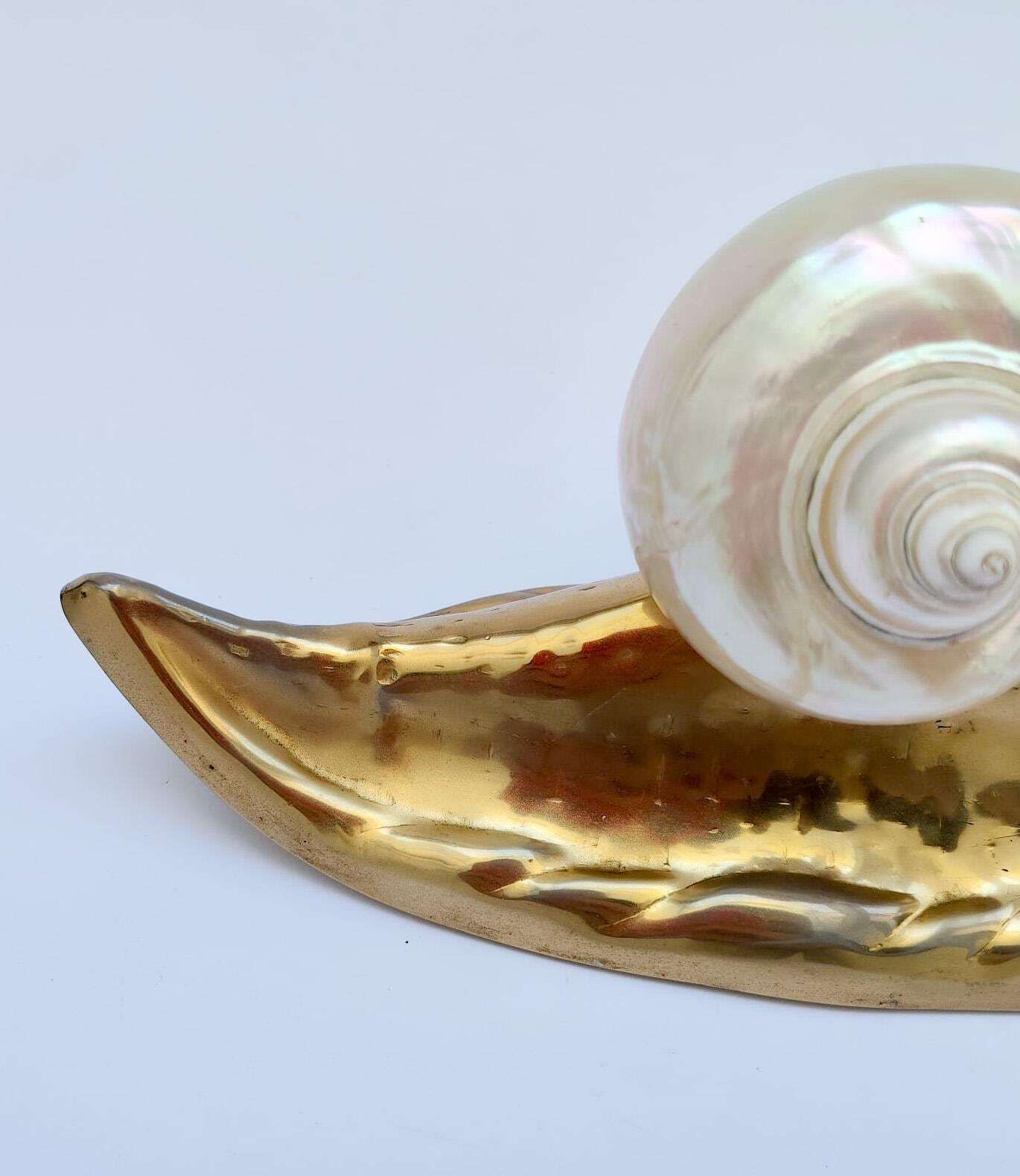 Vintage Mid Century Design Brass Snail Sculpture With Mother Of Pearl Shell, 35 Cm photo 324.0
