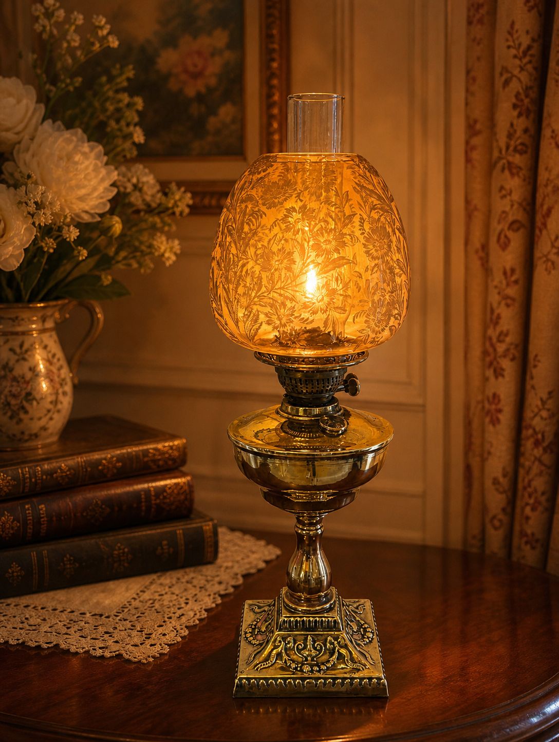 Antique 19th Century Brass Oil Lamp With Etched Amber Glass Shade photo furniture