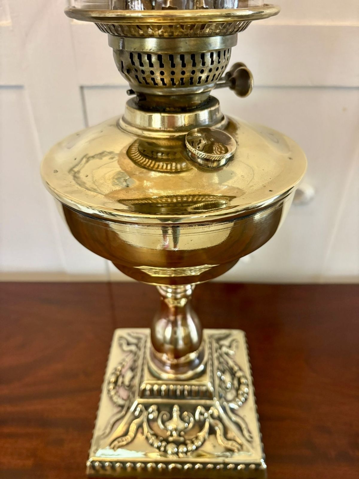 Antique 19th Century Brass Oil Lamp With Etched Amber Glass Shade photo Lighting
