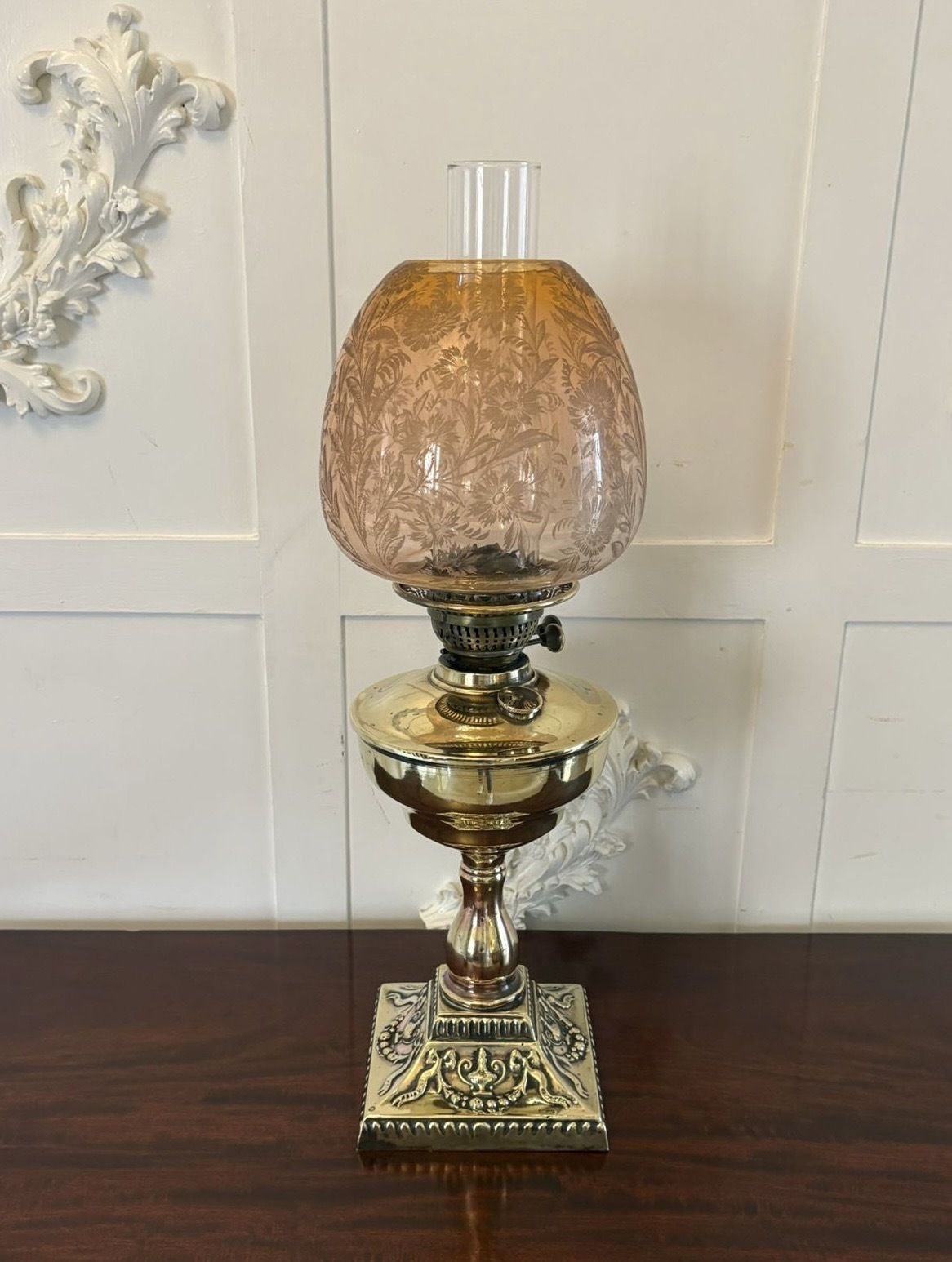 Antique 19th Century Brass Oil Lamp With Etched Amber Glass Shade
