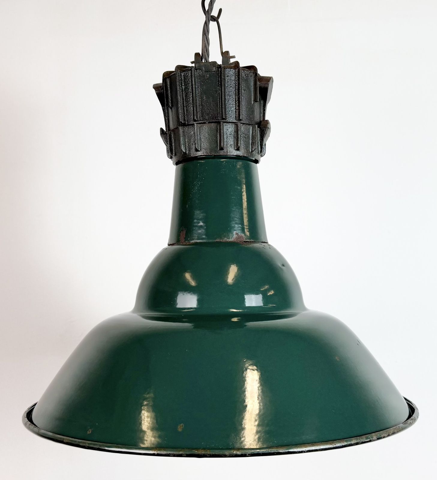 Industrial French Petrol Enamel Pendant Lamp From Sammode, 1950s photo for sale