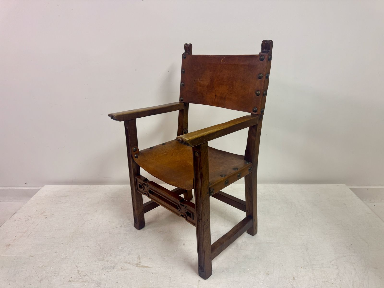Mid 20th Century Spanish Walnut And Leather  Armchair photo vinterior