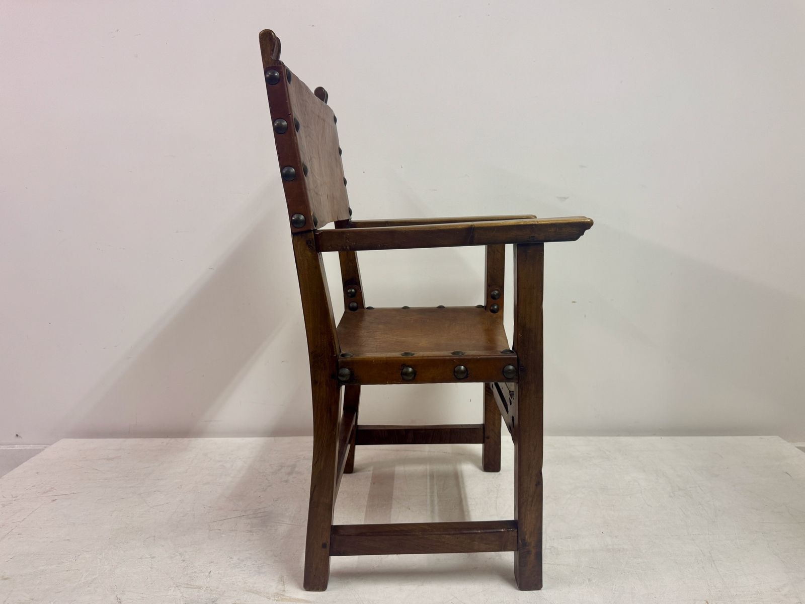Furniture Mid 20th Century Spanish Walnut And Leather  Armchair photo