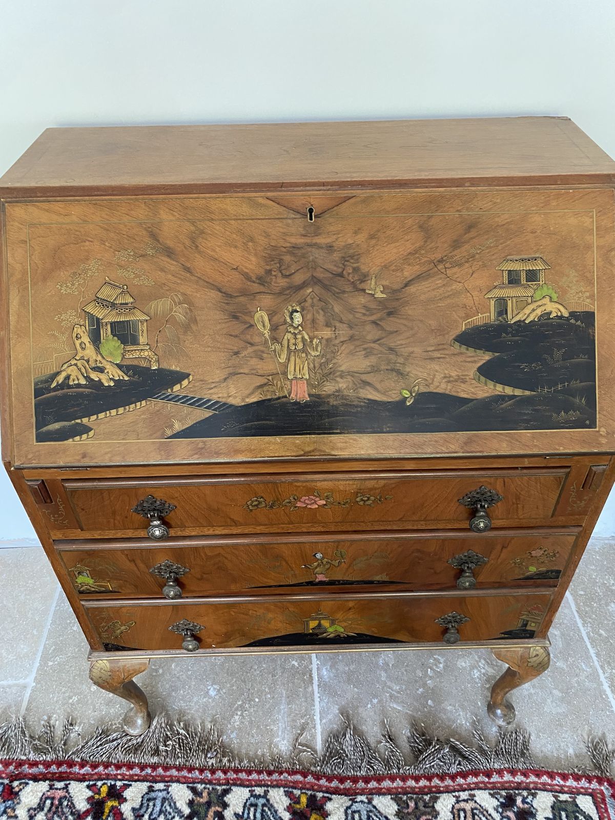 Elegant Burr Walnut Chinoiserie Bureau C.1930s–40s – Astons Shrewsbury