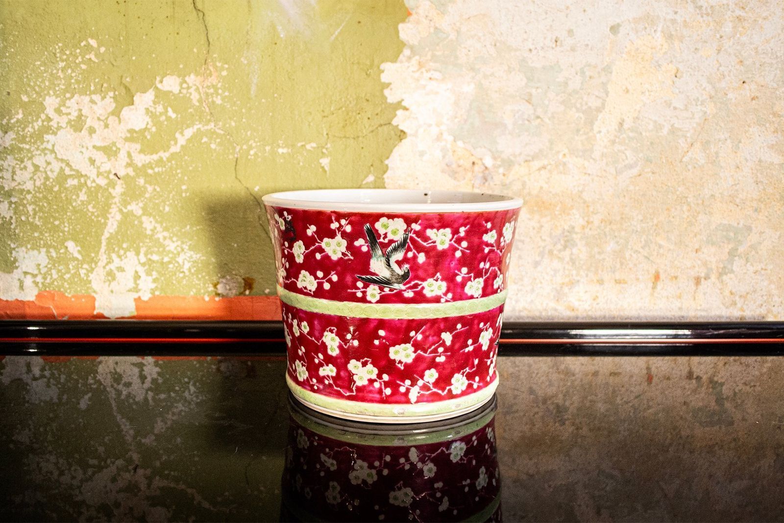 Antique Chinese Porcelain Flower Vase Or Brush Pot With Birds And Prunus, 19th Century