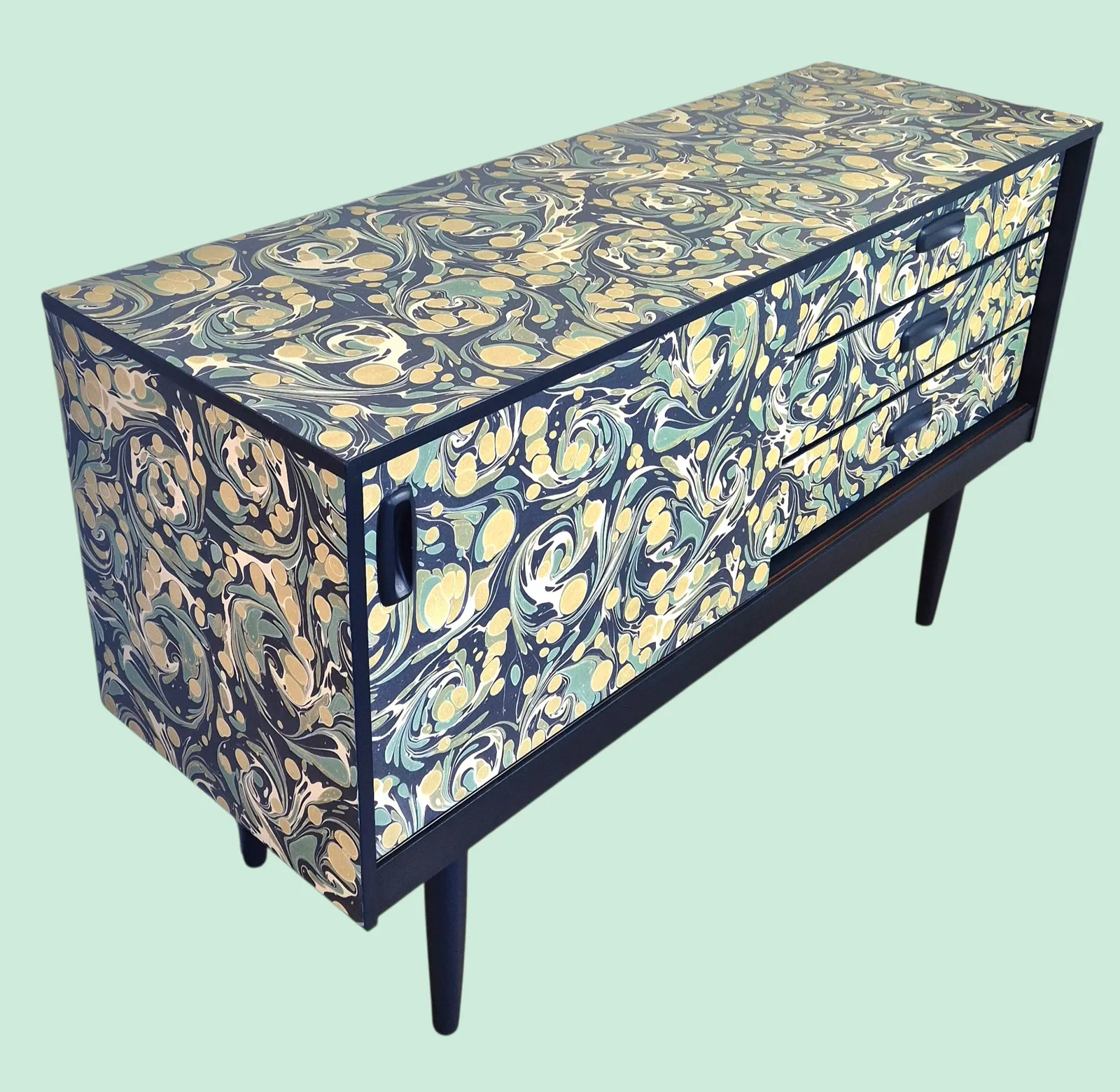 Schreiber Mid Century Sideboard | Decoupaged In Isabelle Boxall Eddy   Tea Leaf & Navy photo for sale