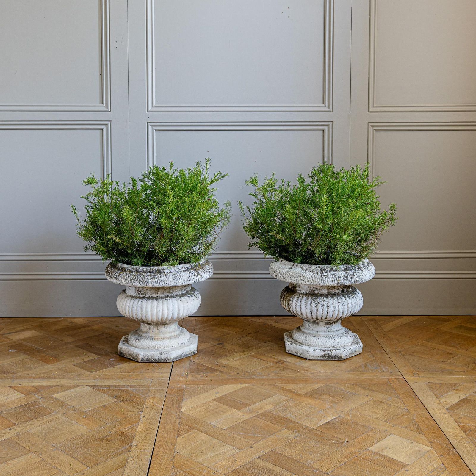 Pair Of Antique Style Weathered Stone Campana Urn Planters photo for sale