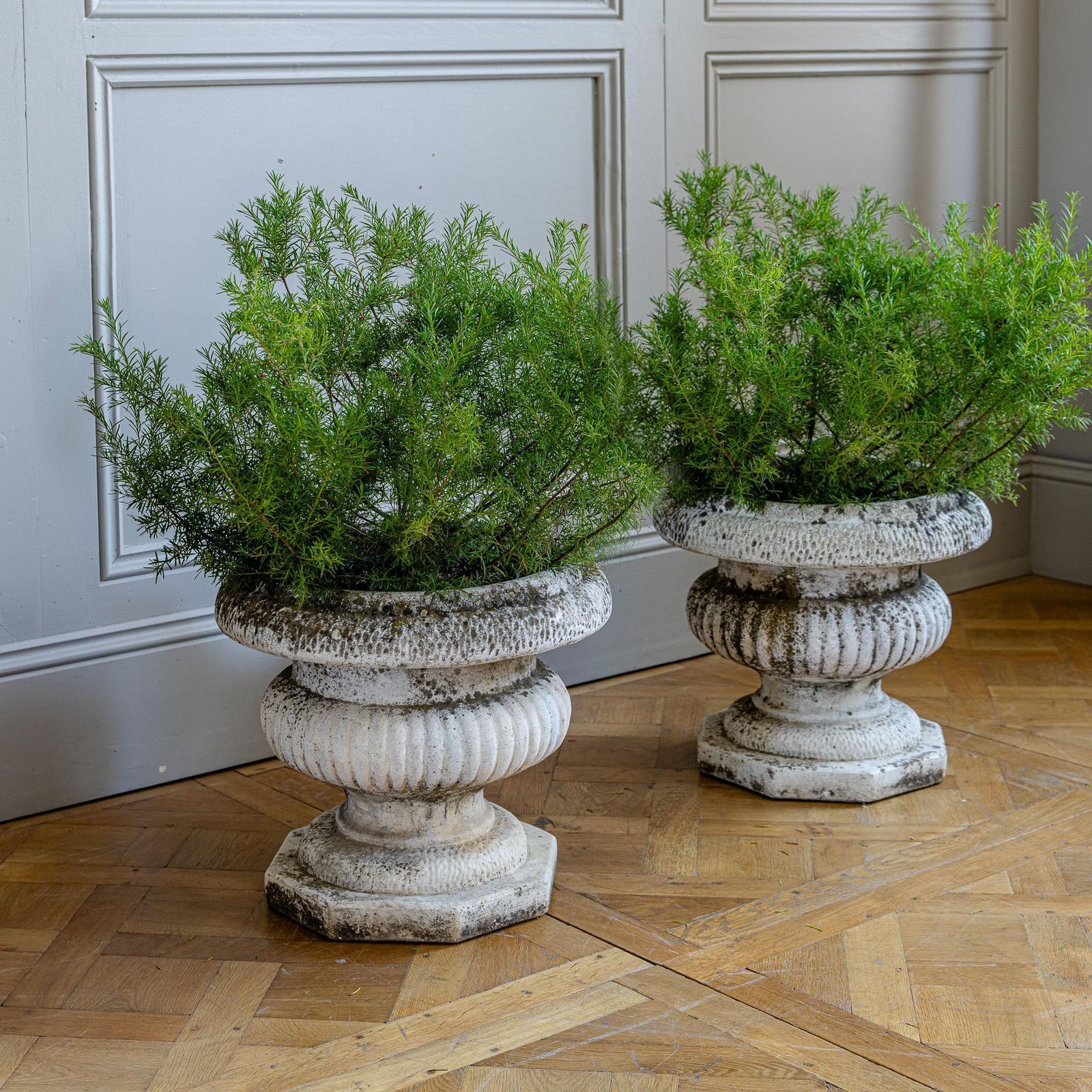 Pair Of Antique Style Weathered Stone Campana Urn Planters photo Garden Decor