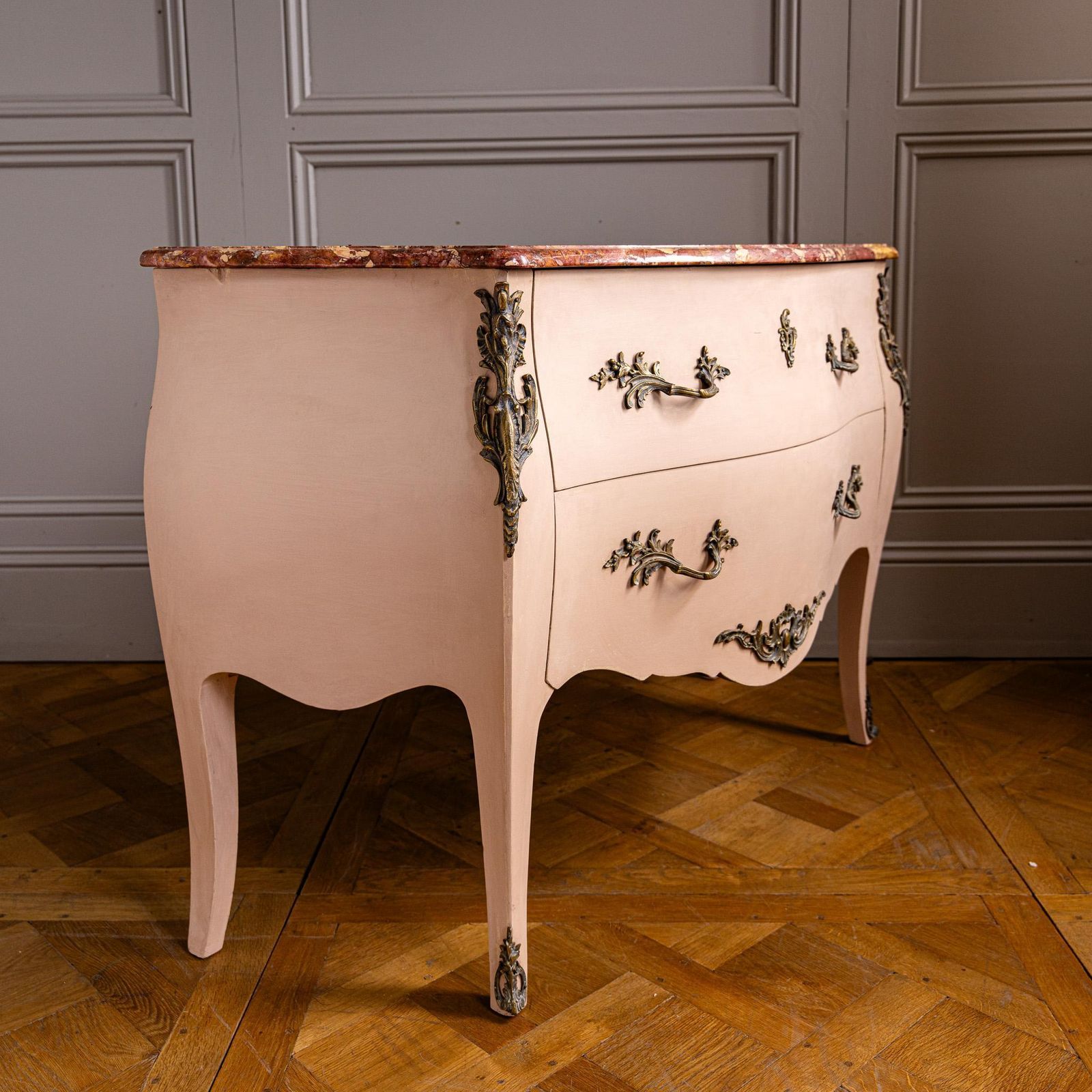 Pink Turn Of The Century Louis XV Style Bombe Chest Of Drawers With Marble Top photo 2344.0