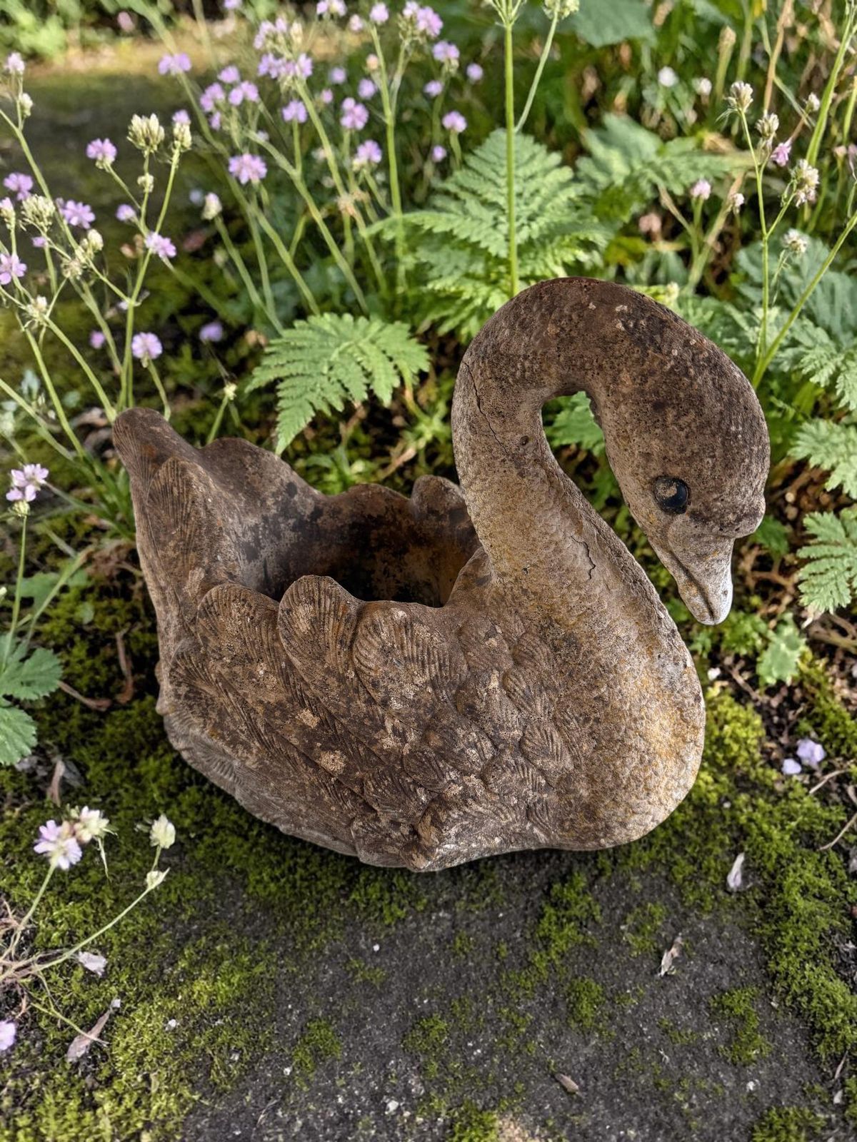 Weathered Antique Cast Stone Swan Garden Planter, Country Style Uk photo vinterior