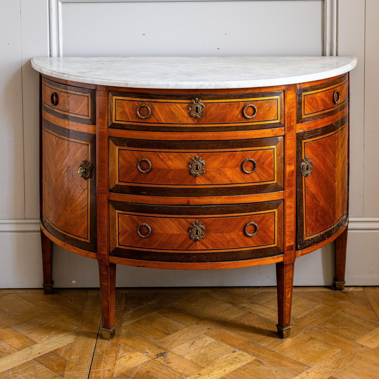 Louis XVI Style Demilune Marquetry Commode With Marble Top photo furniture