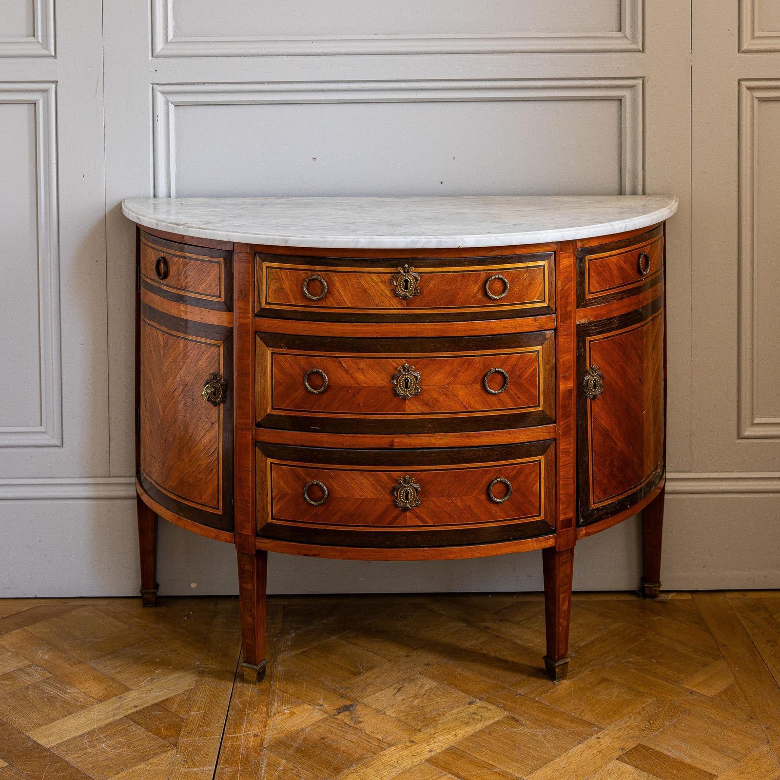Louis XVI Style Demilune Marquetry Commode With Marble Top photo vinterior