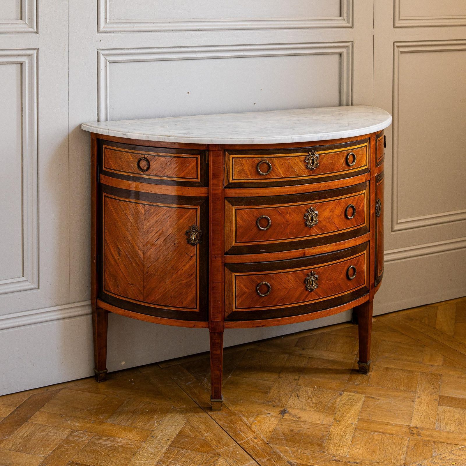 Louis XVI Style Demilune Marquetry Commode With Marble Top photo vintage