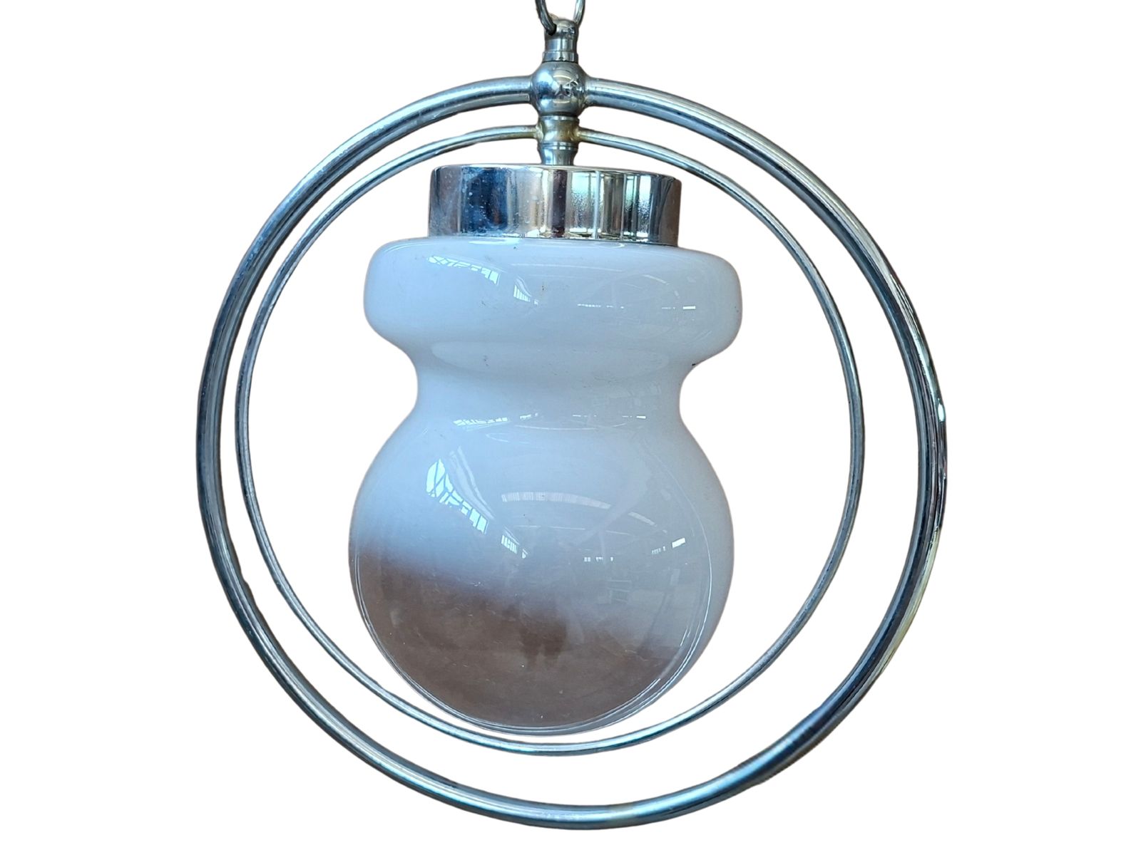Lampadario Vintage Space Age – Design Anni '70 – Vetro Opalino E Cromo photo furniture