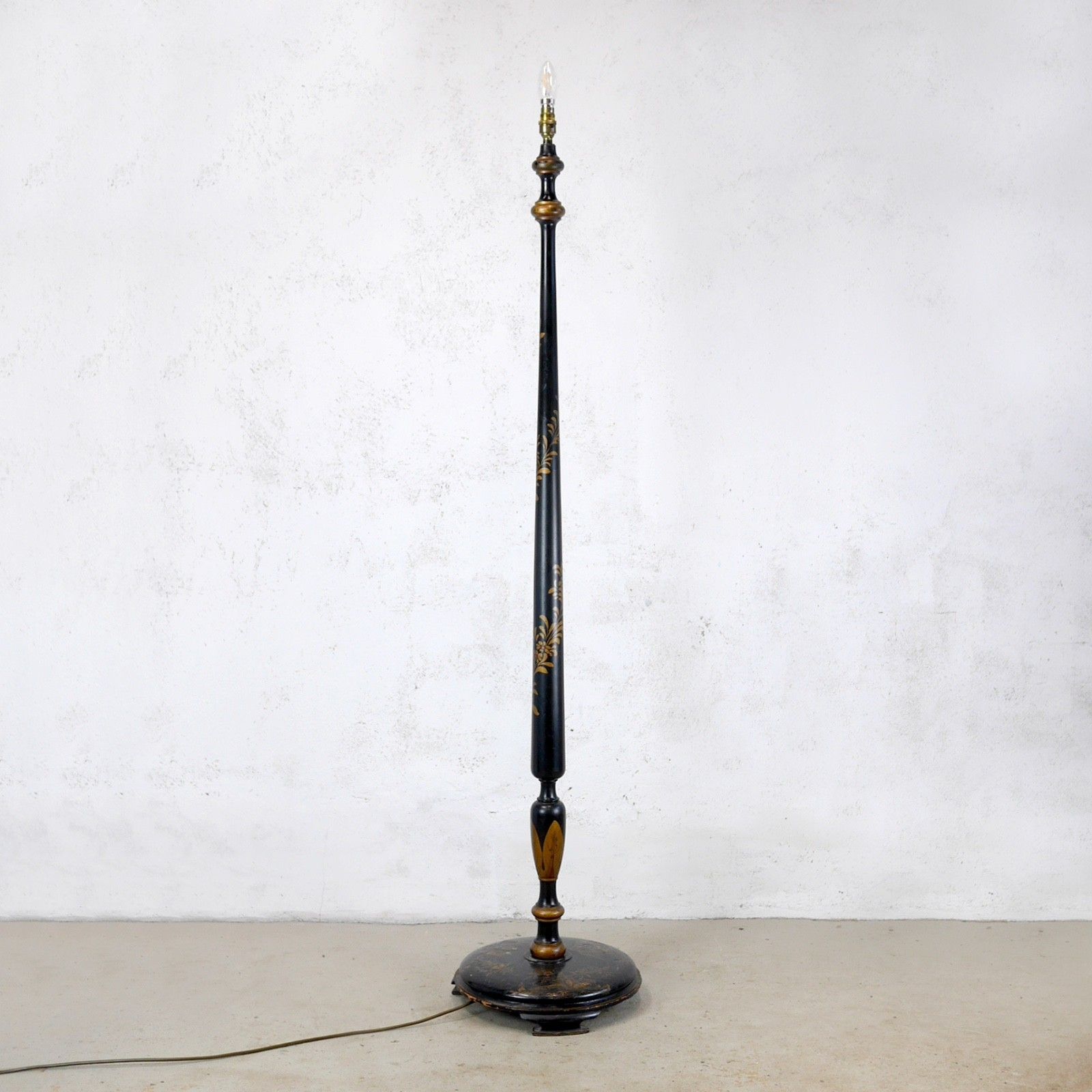 Antique Black Chinoiserie Wood Standard Lamp Circa 1920 Hand Painted #103046 photo furniture